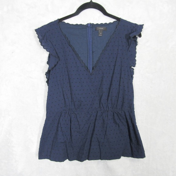 J Crew Top Size 10 Women's Navy Blue Sleeveless Peplum Swiss Dot Ruffle - Picture 1 of 11